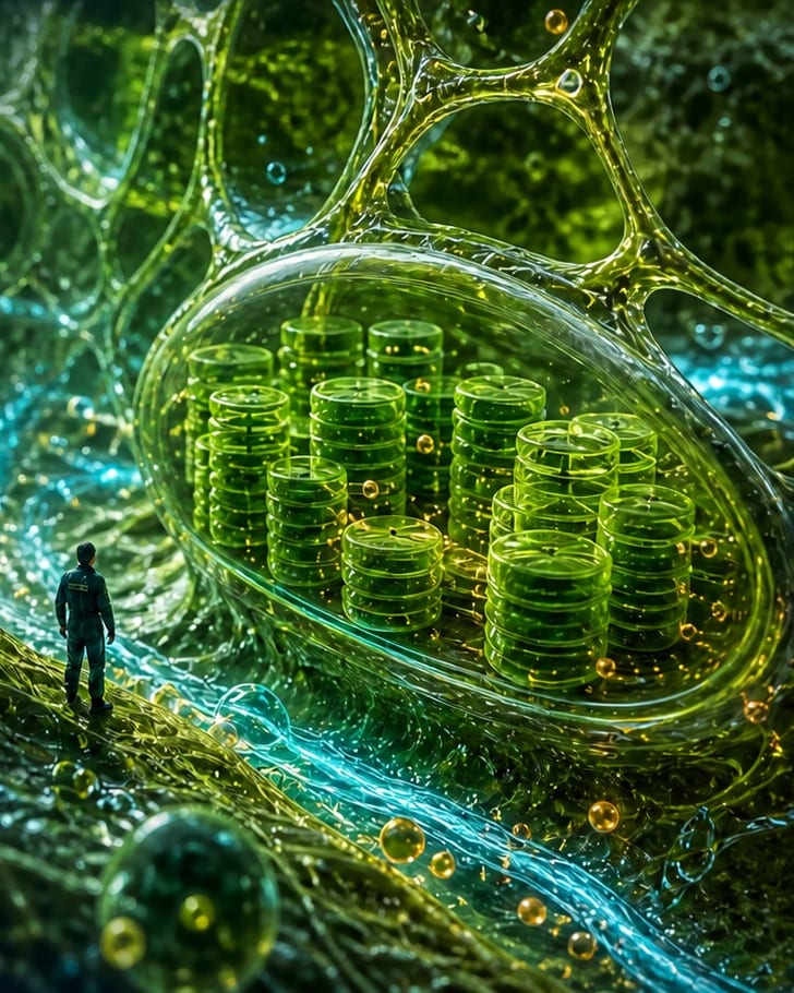 Visualização artística do interior de uma célula vegetal, com um agrônomo observando um cloroplasto.