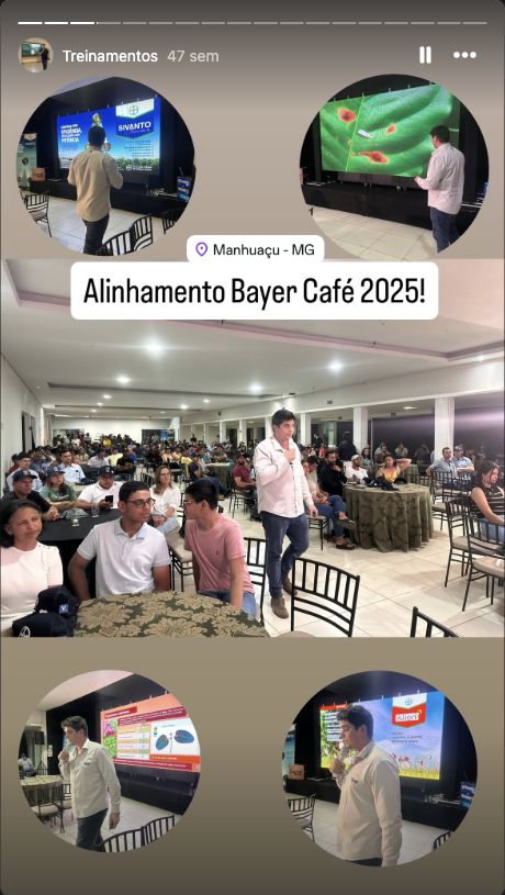 Registro do destaque Treinamentos com Lucas Colombo apresentando o Alinhamento Bayer Café 2025 em Manhuaçu, Minas Gerais.